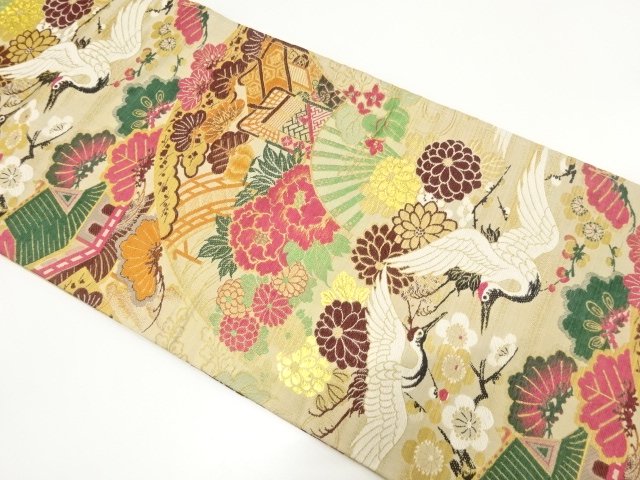 JAPANESE KIMONO / ANTIQUE MARU OBI / WOVEN- PATTERNS OF CRANES / MANSI